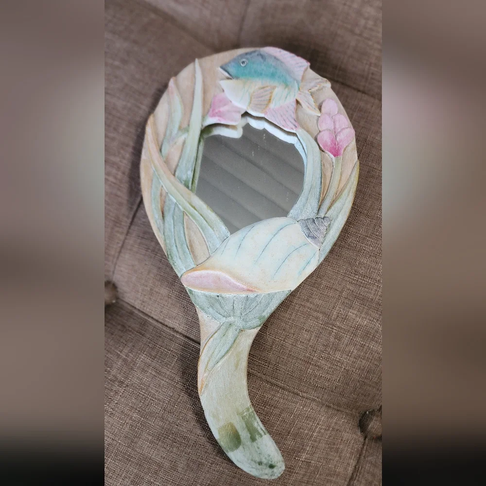 Bonnie Brown Artistic Fish and Floral Handheld Mirror